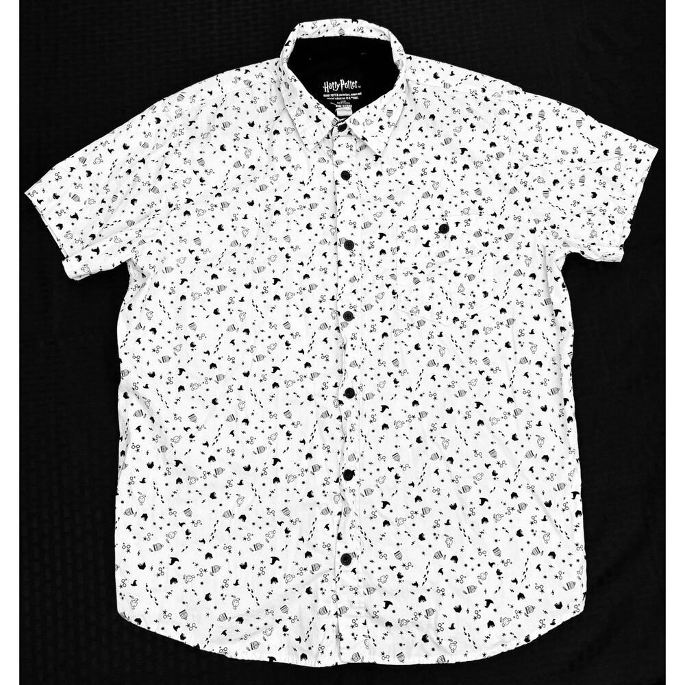 Harry Potter Button Up Short Sleeved Black White Shirt Men's Size L